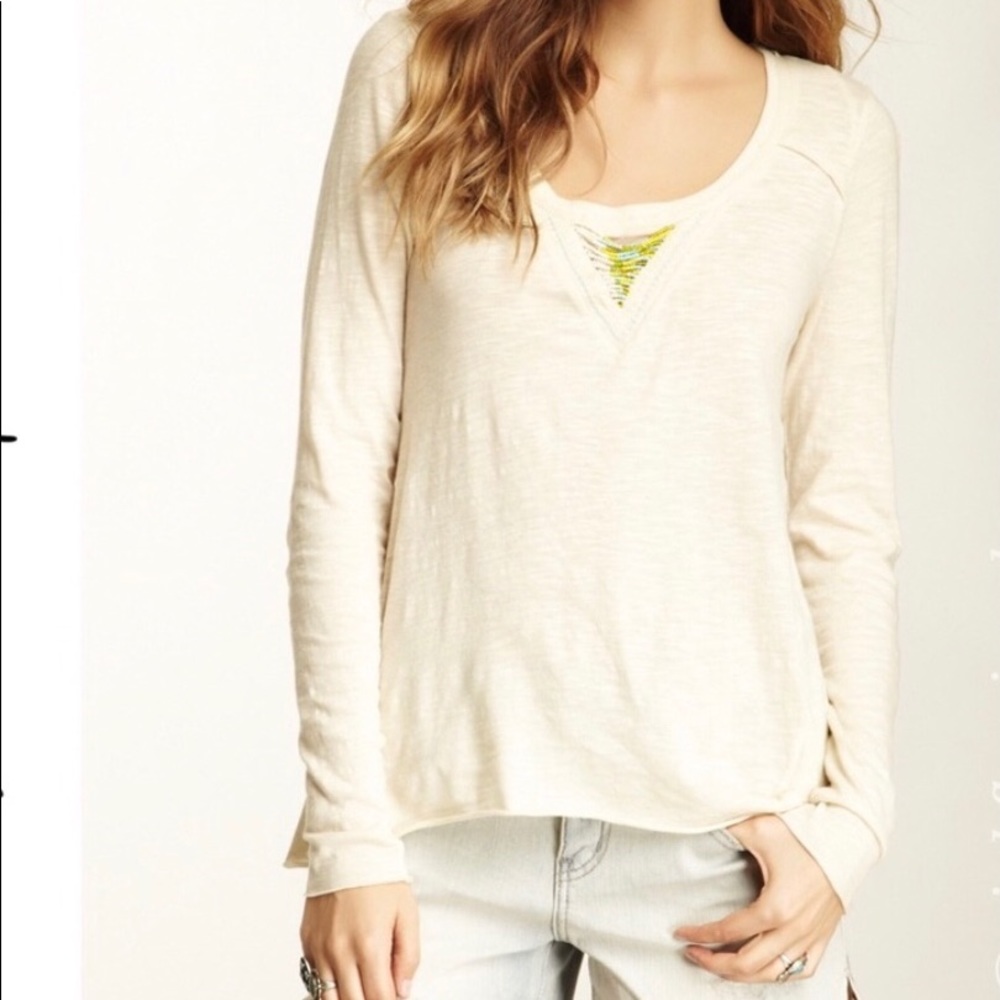 Free People Long Sleeve Beaded V-neck Top